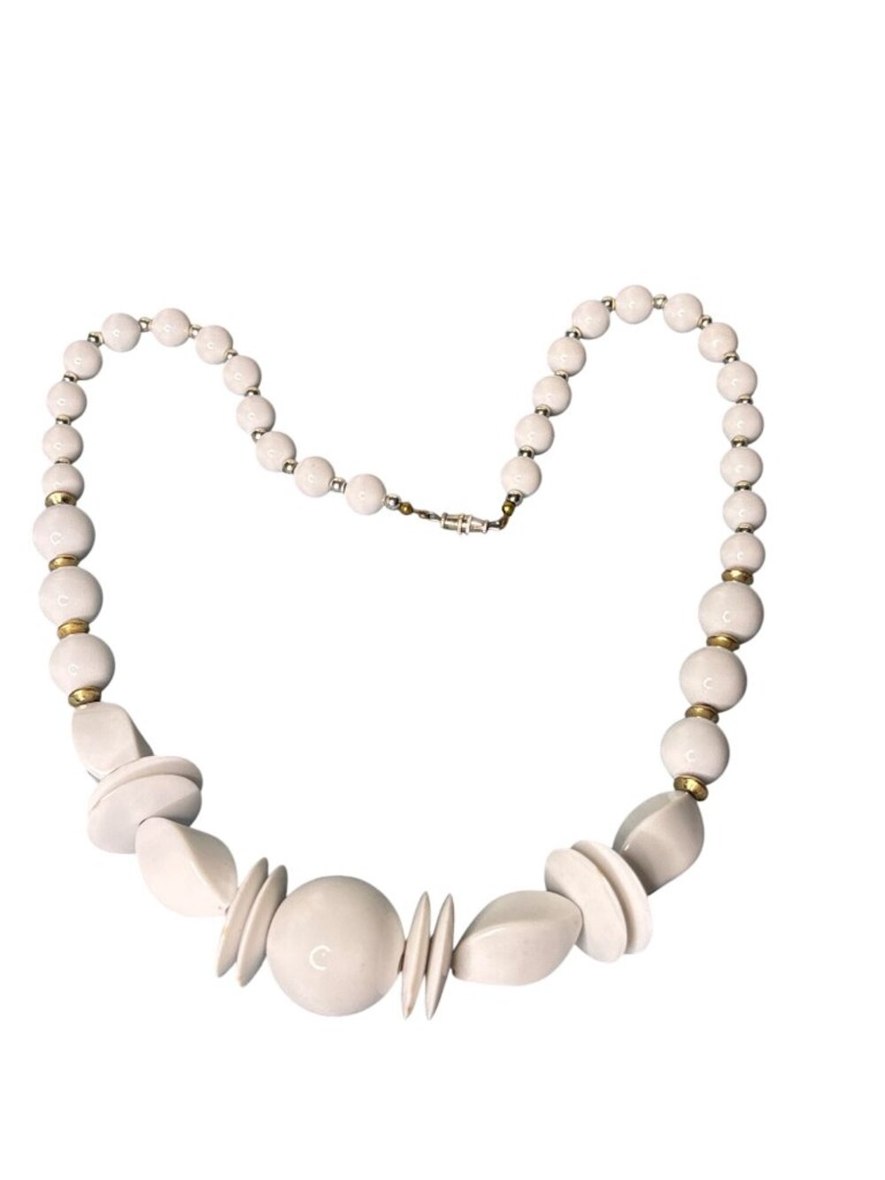 Vintage White Plastic Graduated Beaded Necklace Goldtone Silvertone Barrel Clasp